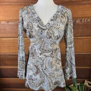 NY & Co Womens Y2K 90s Paisley Babydoll Top M Metallic Bell Sleeve Fairy Boho